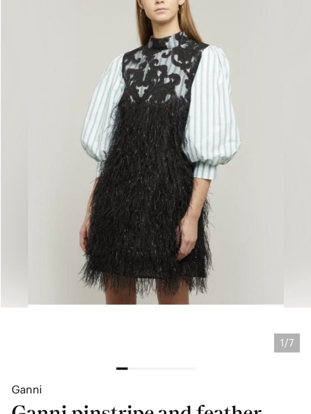Ganni Black Feather-Trim & Mint-Striped Puff Sleeve Mini Dress